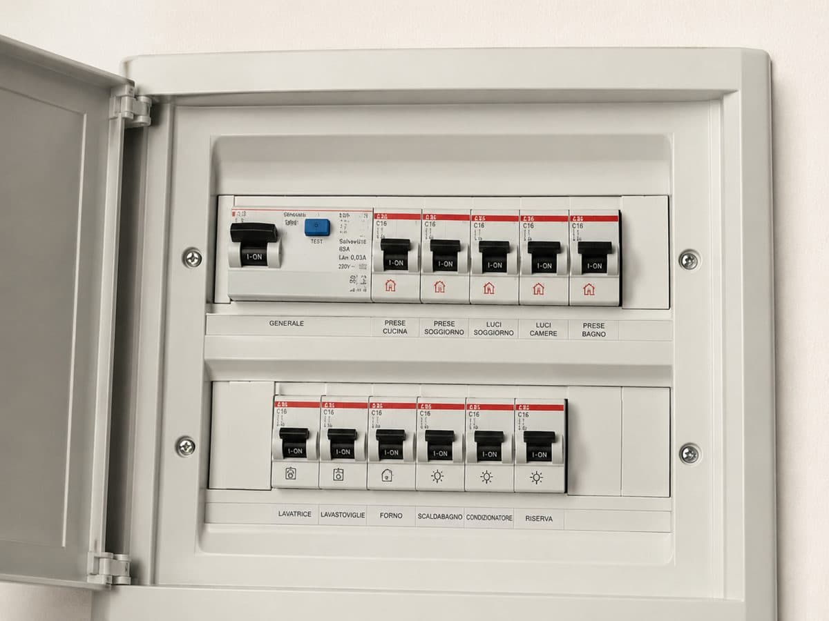 Quadro elettrico generale di un appartamento con interruttore differenziale e magnetotermici