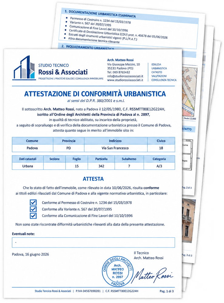 Facsimile dell'attestazione di conformità urbanistica firmata da un tecnico abilitato