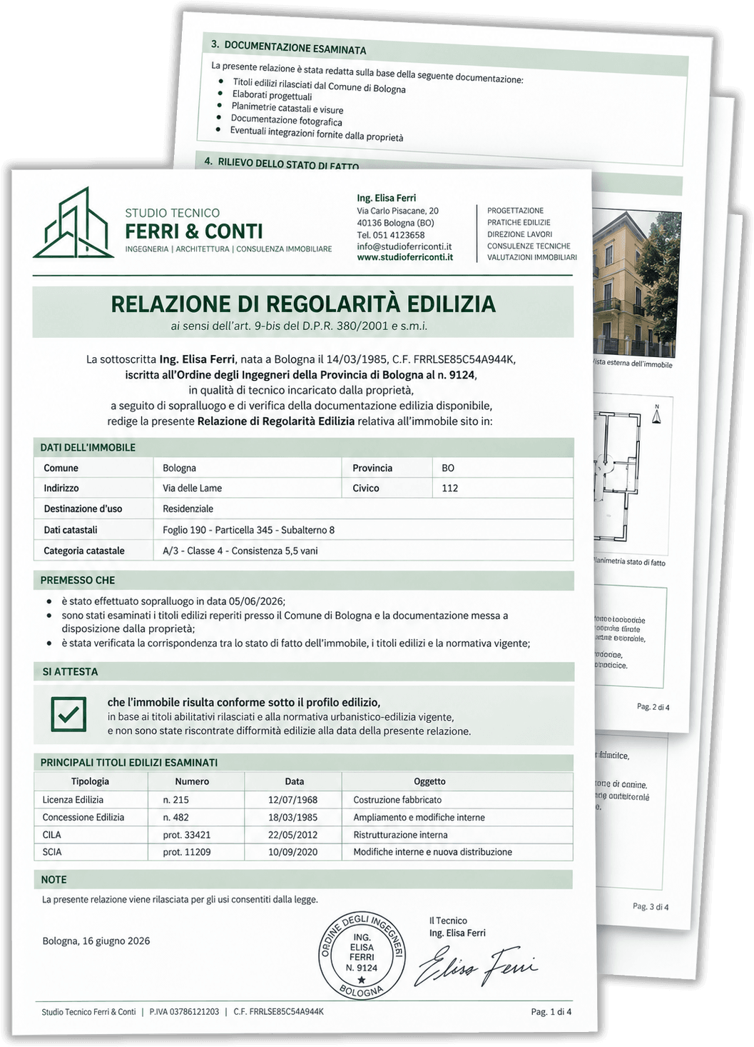 Facsimile della Relazione di Regolarità Edilizia (RRE) firmata da un tecnico abilitato