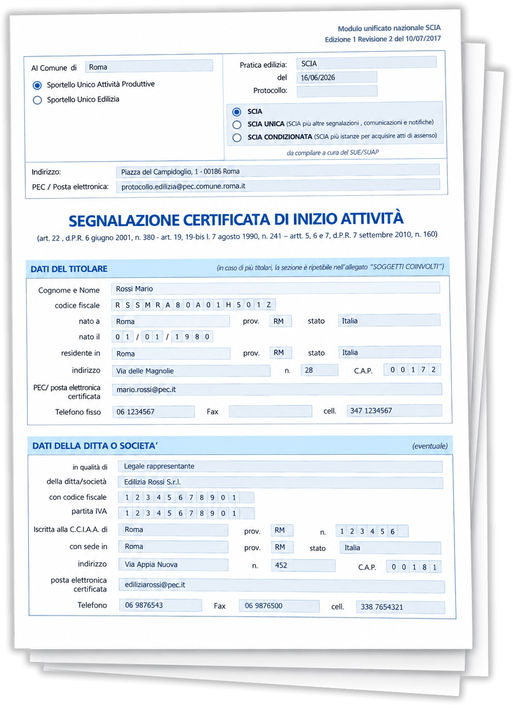 Facsimile della SCIA, Segnalazione Certificata di Inizio Attività, compilata e depositata in Comune