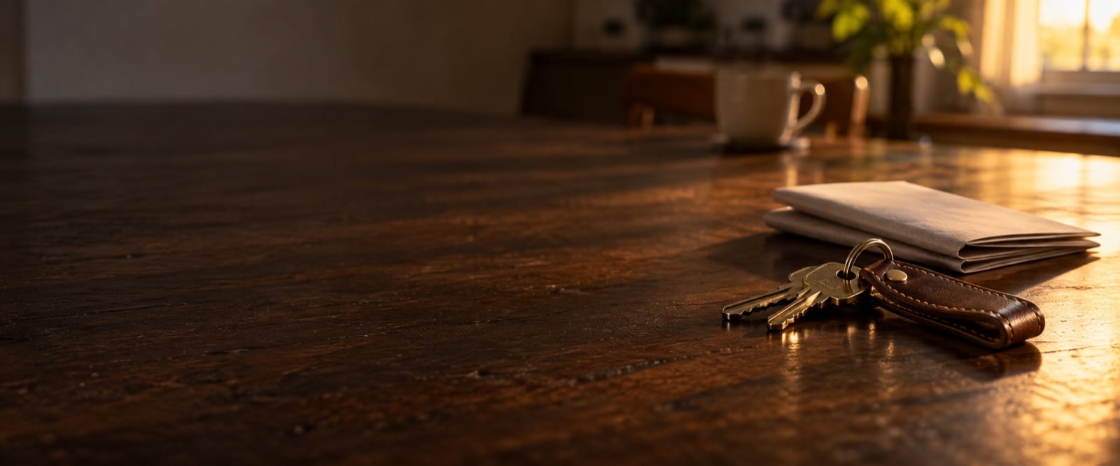 Un mazzo di chiavi e alcuni fogli piegati su un tavolo da cucina, con una tazza di caffè sfocata sullo sfondo e luce calda della sera