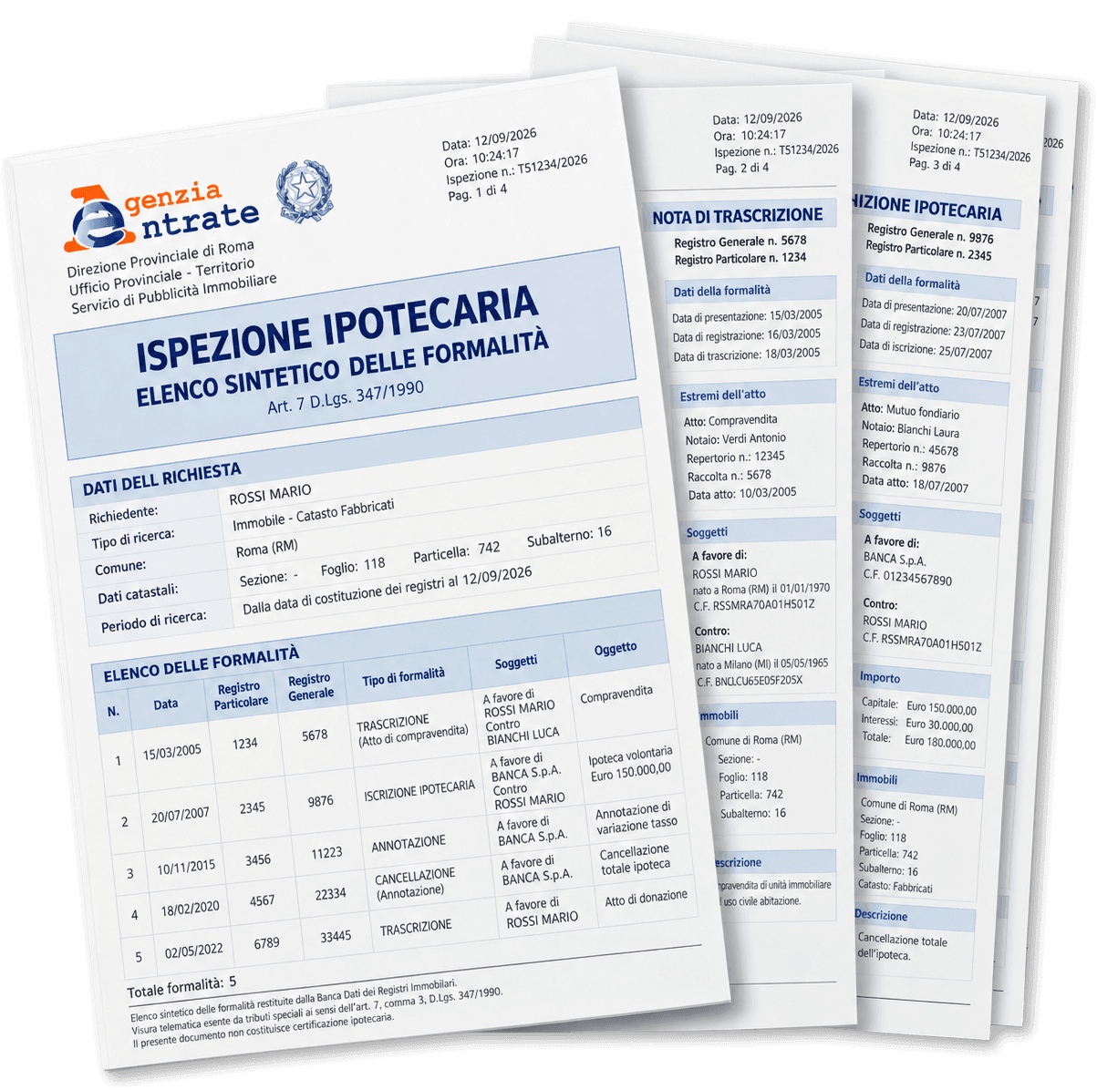 Facsimile dell'esito di un'ispezione ipotecaria con l'elenco delle formalità