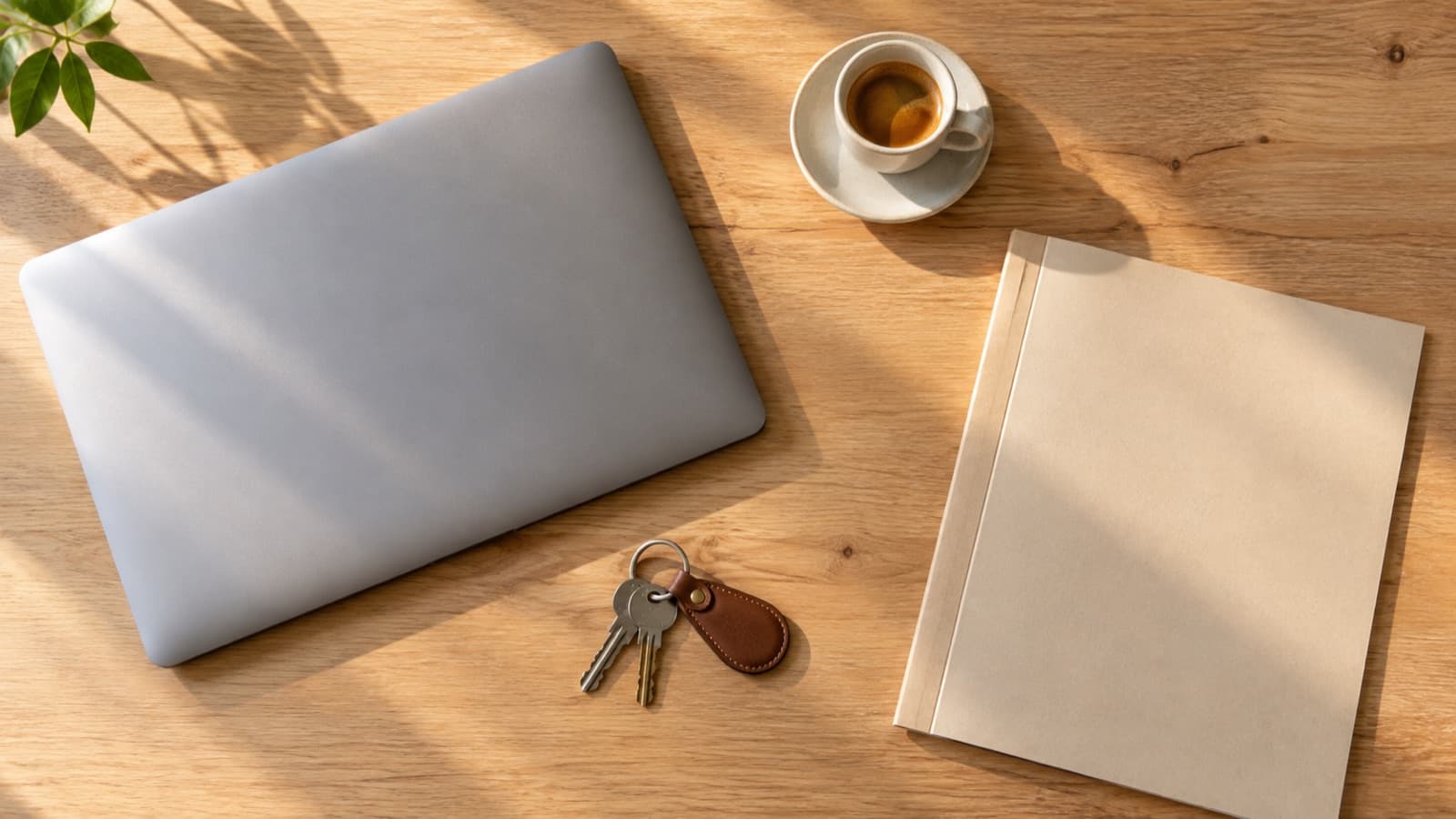 Scrivania di un'agenzia con computer portatile, chiavi di casa, delega e caffè